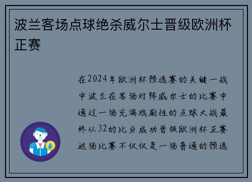 波兰客场点球绝杀威尔士晋级欧洲杯正赛
